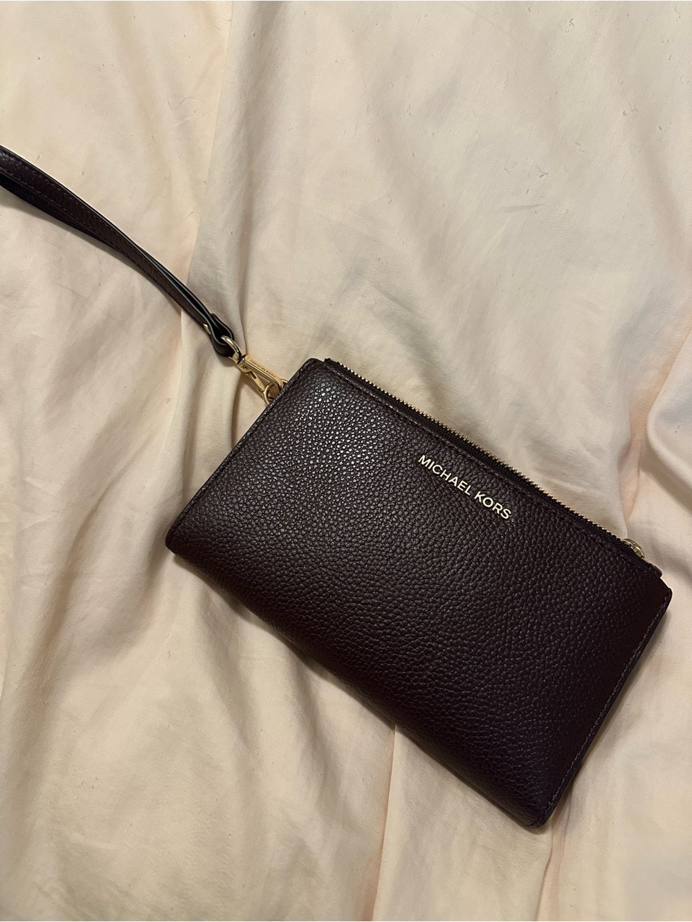 Michael Kors Dark Brown Pebbled Leather Wristlet with Gold Hardware